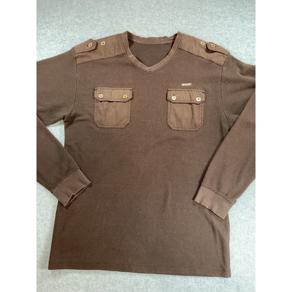 Imperious Mens Brown Thermal Waffle Knit Military V-Neck Long Sleeve Sz L 1796